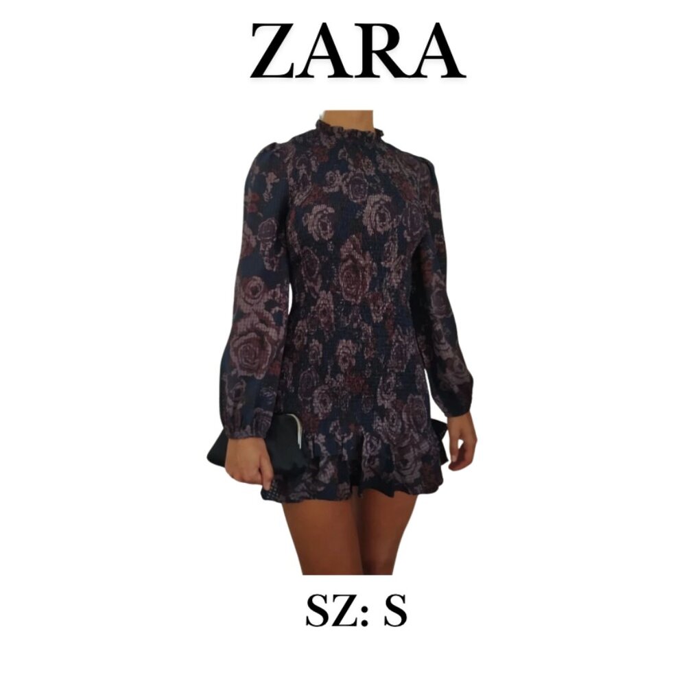 Zara Floral Print Smocked Ruffle Hem Dress